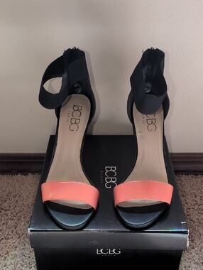 BCBG Black and Coral Open-Toe Ankle Strap Heels